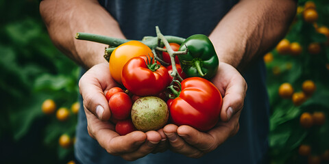 a man holds a bunch of tomatoes in his hands.,


 - obrazy, fototapety, plakaty