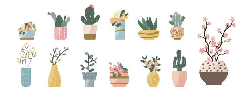 Houseplants and flowers in pots and vases - set of vector illustrations. Succulents, cactus, flowers and spring branches and banch can used for greeting card, banners, stickers. 