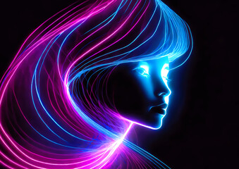 光の軌跡で描いた抽象的な女性の顔のシルエット