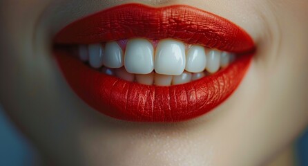 Close up white teeth of woman smiling framed by bold red lipstick