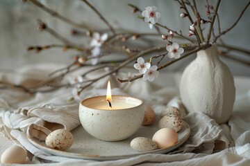 Obraz na płótnie Canvas Candle in a ceramic holder surrounded by spring blossoms and speckled eggs on a soft fabric backdrop
