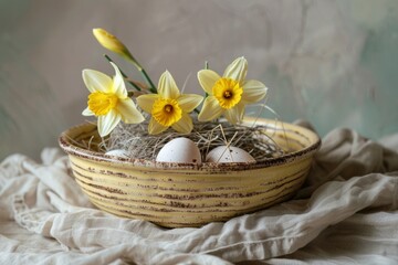 Easter decor rustic bowl speckled eggs and vibrant yellow daffodils