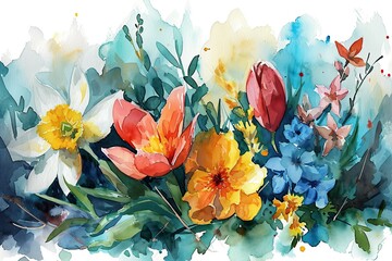 Vibrant Watercolor Spring Flowers in an Expressive Artistic Arrangement