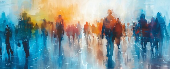 Vivid Urban Life Scene with Silhouettes in Dynamic Abstract City