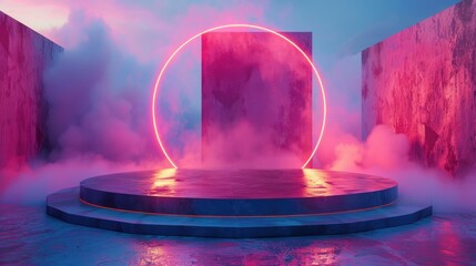 Futuristic neon circle glowing in misty corridor with pink and blue lighting, abstract modern background.