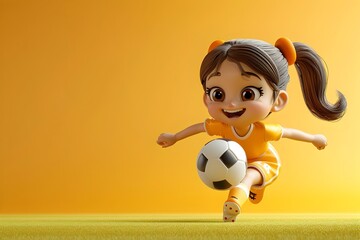 Dynamic Soccer Girl Kicking Ball on Bright Yellow Background
