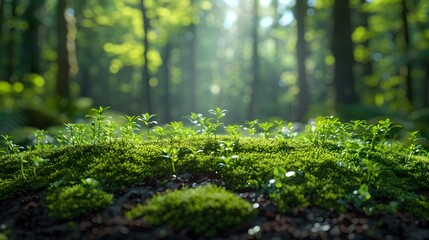 Green Forest Landscape with Moss and Blooming Plants