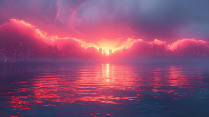 Naklejka premium 夕日と海と都市の風景