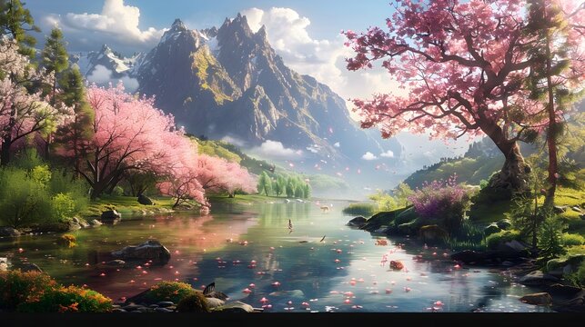 Painting of Flowering Cherry Blossom Trees by a Lake in 8k 3D