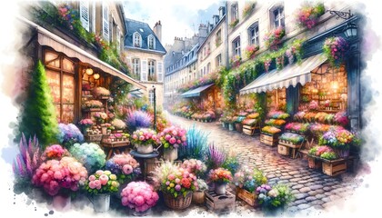 Fototapeta na wymiar Watercolor of pretty flower shops in Europe