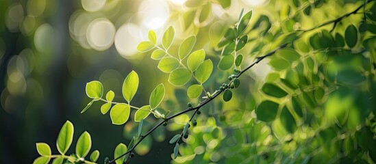 A close-up view of a tree branch filled with vibrant green leaves. The leaves are fresh and lively, providing a beautiful contrast against the wooden branch. - obrazy, fototapety, plakaty