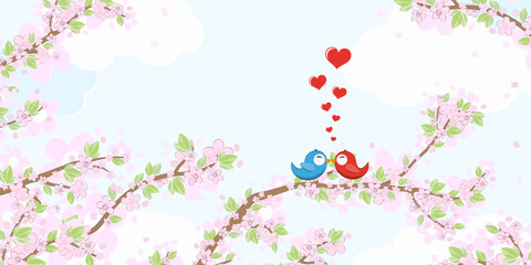 Birds in love on blossom branches - 749205872