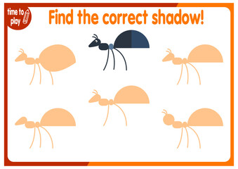 tasks for children's development. logical problems. find the right shadow. animal. ant