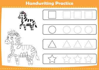 Handwriting practice with cute animals pictures. Tracing dashed lines