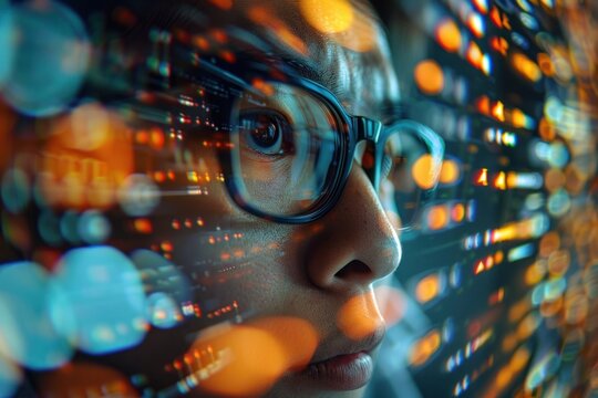 An IT person wearing glasses, intensely studying a 3D screen filled with lines of code