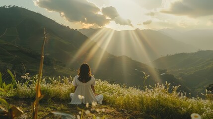 A woman meditates at dawn in the mountains. A girl does yoga in the mountains at sunrise.