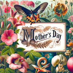 Vintage Botanical Illustrations Mother's Day Collage. A captivating digital collage of vintage botanical illustrations with "Mother's Day" in ornate script, interwoven with natural elements.
