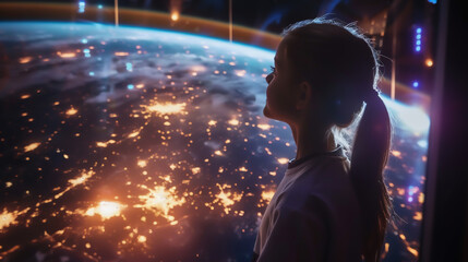 Naklejka premium Tourists marveling at the Earth from a luxurious space hotel, their faces illuminated by the planets glow, heralding the age of space tourism
