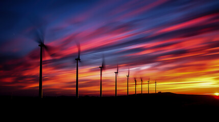Wind turbines stand tall against a sunset sky, their blades spinning in harmony, symbolizing the power of renewable energy