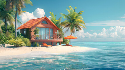 A small cottage on a white sandy beach. The beach is surrounded by crystal blue water and is lined...