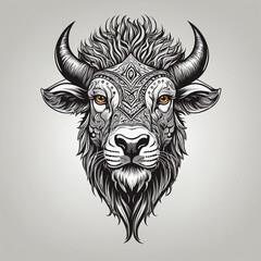 flat black and white retro tattoo logo of big animal "Bison"