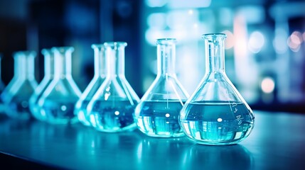 Laboratory glassware with blue liquid in chemical laboratory