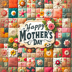 Colorful retro floral fabric quilt design with a vintage "Happy Mother's Day" message, ideal for holiday greetings and crafts.
