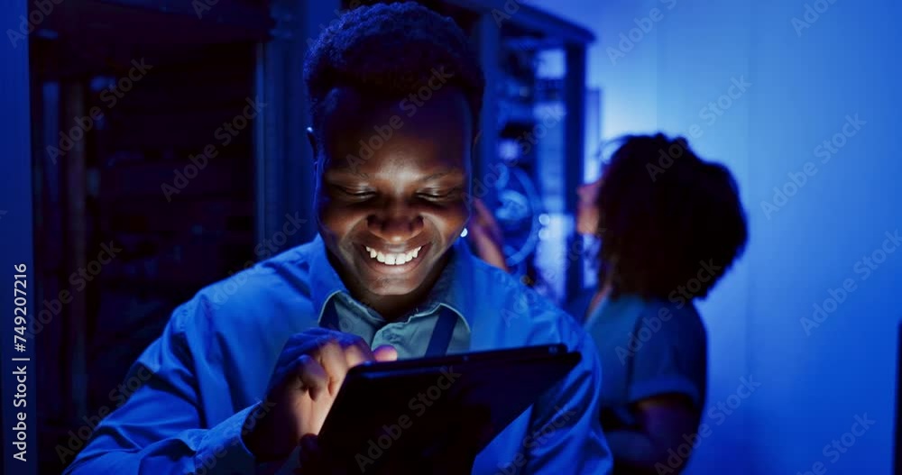 Poster African, technician and network for security, safety or data protection and technology. Engineer, programmer and server for cybersecurity, support or cloud computing for online innovation or industry