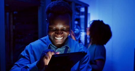 African, technician and network for security, safety or data protection and technology. Engineer, programmer and server for cybersecurity, support or cloud computing for online innovation or industry - Powered by Adobe