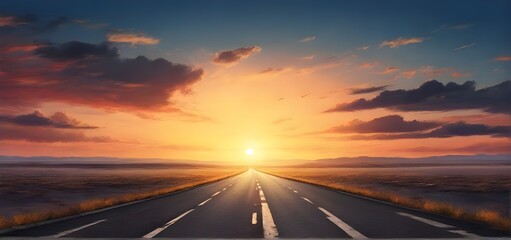 Sunset Road Through Mountains, Endless Path Into Distance. Landscape with country road, empty asphalt road on sunset background.