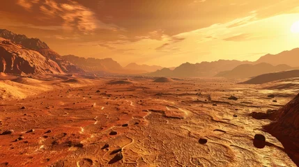 Foto op Aluminium Mars-like desert landscape with rugged terrain and reddish soil, evoking extraterrestrial and space exploration. © Gregory O'Brien
