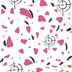 Seamless pattern for Valentines Day celebration with holiday symbols in retro 80s, 90s style. Vector illustration