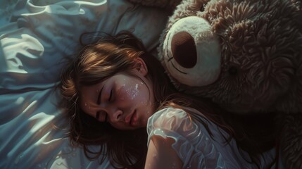 A woman is comfortably resting in bed, accompanied by a teddy bear.
