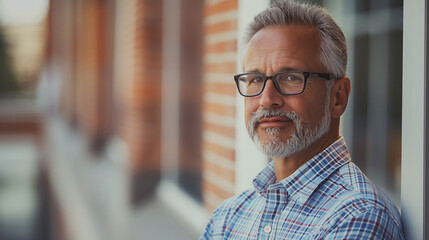 Smiling man in glasses by brick wall.