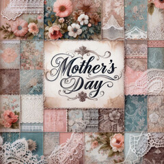 A collage of assorted vintage fabric patterns and delicate lace, artfully arranged. "Mother's Day" written in elegant script, central in composition.
