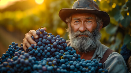 Close-up shot of weathered farmer hands gently harvesting ripe grapes in a sunlit vineyard. Neural network generated image. Not based on any actual scene or pattern. - obrazy, fototapety, plakaty