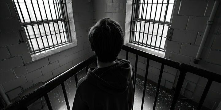 Prisoner, person locked up in jail prison behind bars sentence justice system, arrested, penitentiary detention centre, generated ai