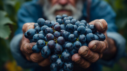 Close-up shot of weathered farmer hands gently harvesting ripe grapes in a sunlit vineyard. Neural network generated image. Not based on any actual scene or pattern. - obrazy, fototapety, plakaty