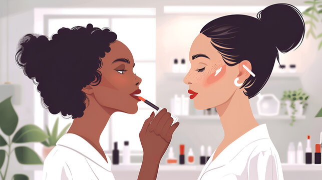Beautician applying lipstick to woman at beauty salon, generative ai