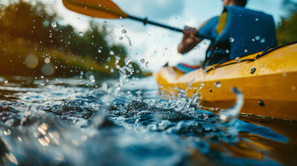 Naklejka premium Dynamic kayaking on a sparkling waterway.