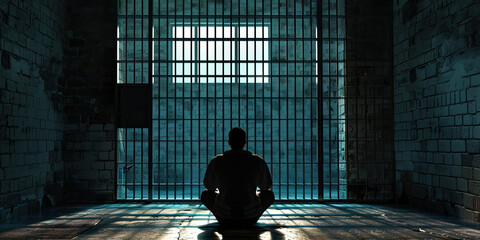 Prisoner, person locked up in jail prison behind bars sentence justice system, arrested, penitentiary detention centre, generated ai