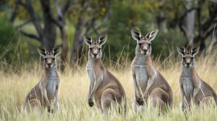Kangaroos standing alert in grassy field.