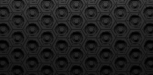 Dark Black Hexagonal Background In Futuristic Industrial Style (3D Illustration)