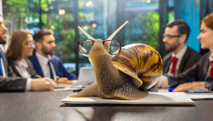 snail in a meeting, calm, quiet, slow, leisurely, person, business, office, man, computer, indoor, working, conference, cooperation, planning, serious, strategy, worker, communication, alone,  - obrazy, fototapety, plakaty