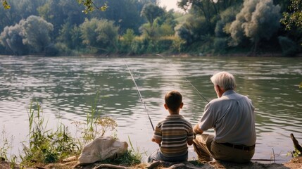 Happy grandfather and grandson catching fish at the picturesque nature on a summer day. Family relationships and hobbies concept. Fun fishing on river shore in natural landscape. Positive boy hold rod
