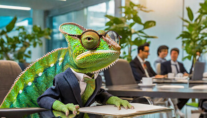chameleon in a meeting, employees, adapted, environment, joy, place, confident, corporation, creature, disguise, employer, executive, management, posing, staff, team, teamwork, bizarre, crazy, exotic,