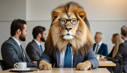lion in a meeting, courageous, strong, loyal, leader, pack animal, hunter, fighter, leadership, head, achievement, arguing, aspirations, company, conflict, connection, desk, director, entrepreneur, - obrazy, fototapety, plakaty