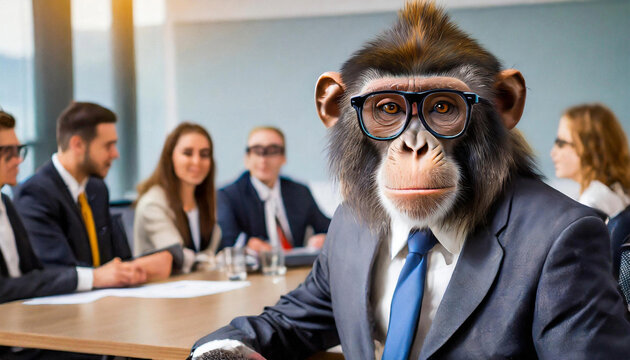 monkey in a meeting, employee, buissines, communicative, funny, mature, mischief, animal themes, entrepreneur, inspiration, joy, leadership, networking, bizarre, small business, bossy, aspirations,