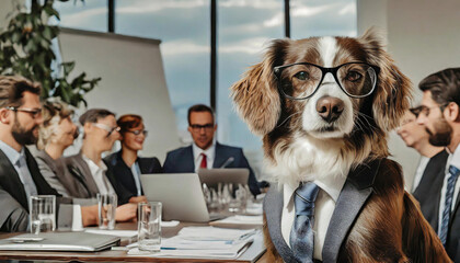 dog in a meeting, faithful, loyal, smart, employee, office, business, job, manager, funny, animal, necktie, sitting, illustration, businessperson, confident, worker, creative, character, director, 