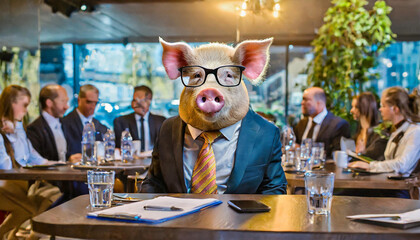 Pig in a meeting, business, suit, pig, colleague, businessman, man, adult, employee, horizontal, office, manager, sit, worker, working, liar, rivalry, workstation, boss, challenge, conference, cowork - obrazy, fototapety, plakaty